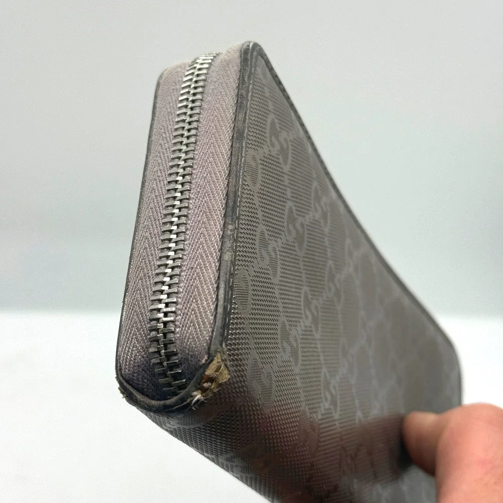 Gucci GG Monogram Zip‎ Around Wallet Silver Purple Gray Leather PVC Mirror